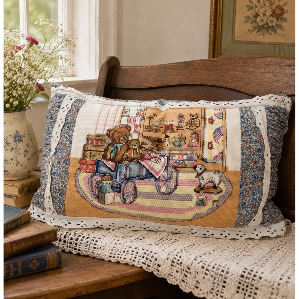 Handmade Throw Pillow With Teddy Bear Cross-Stitch Design & Lace Trim